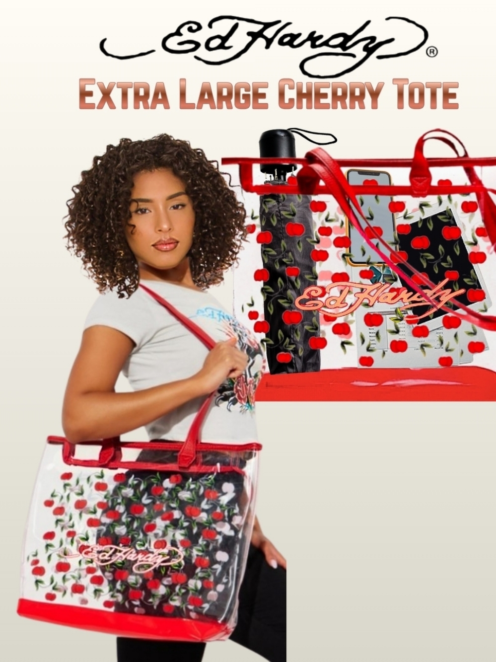 Ed Hardy Red Cherry Clear Extra Large Tote Carryall Bag New